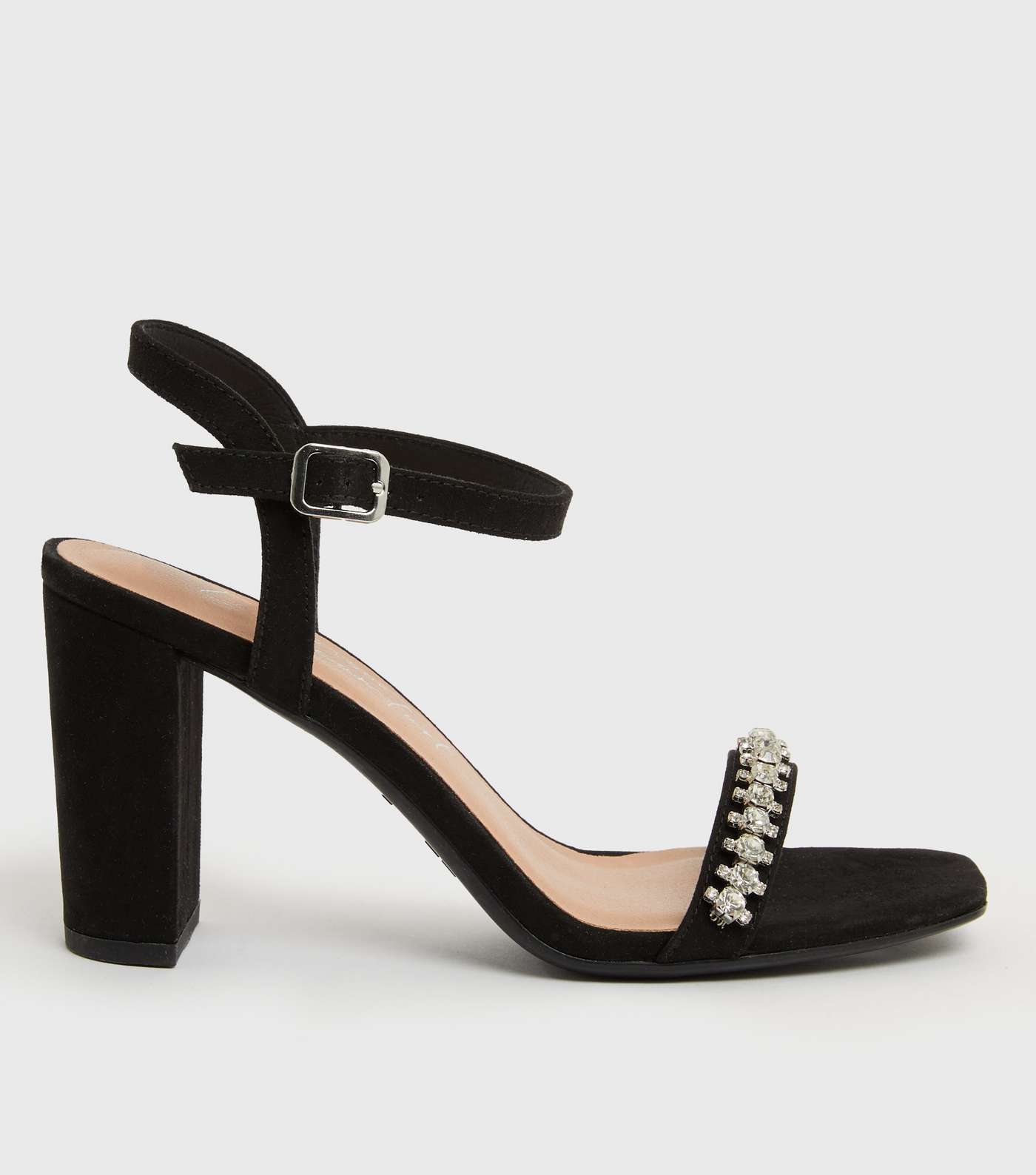 Black Suedette Gem Embellished Block Heel Sandals