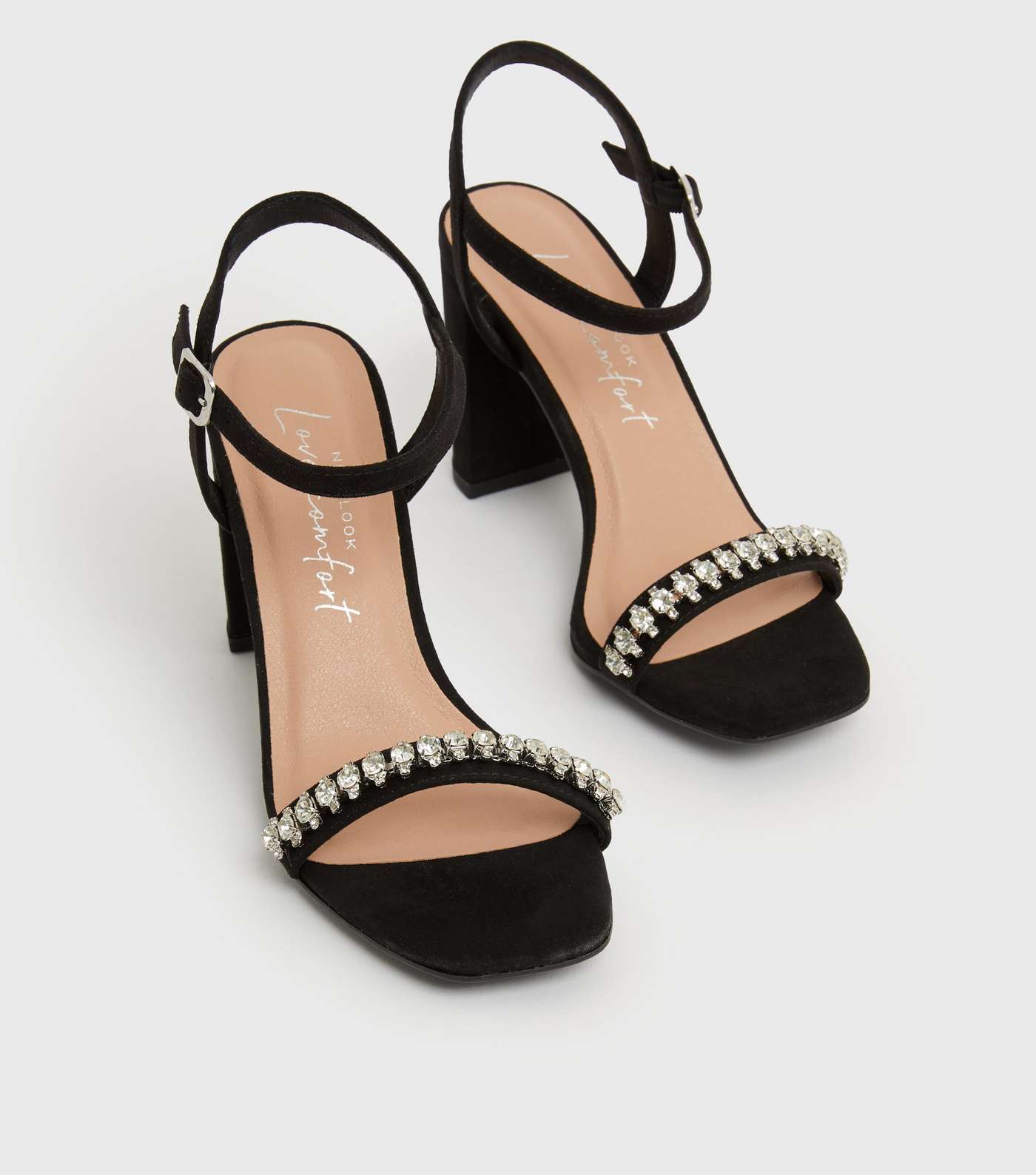 Black Suedette Gem Embellished Block Heel Sandals Image 3