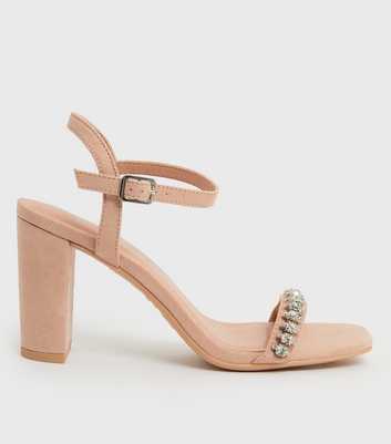 Pale Pink Suedette Gem Embellished Block Heel Sandals