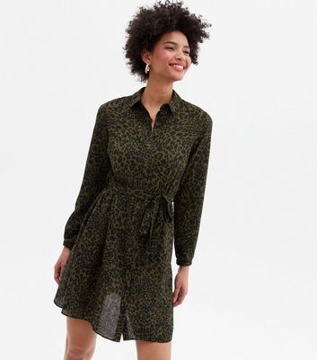 Khaki Leopard Print Belted Mini Shirt Dress