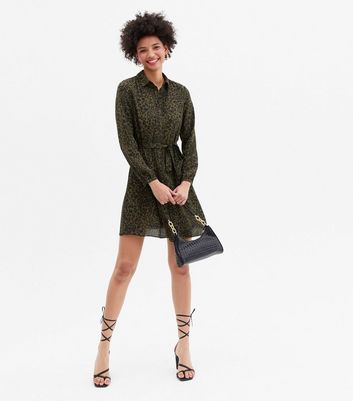 Khaki Leopard Print Belted Mini Shirt Dress New Look