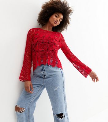 Crochet lace long sleeve sales top