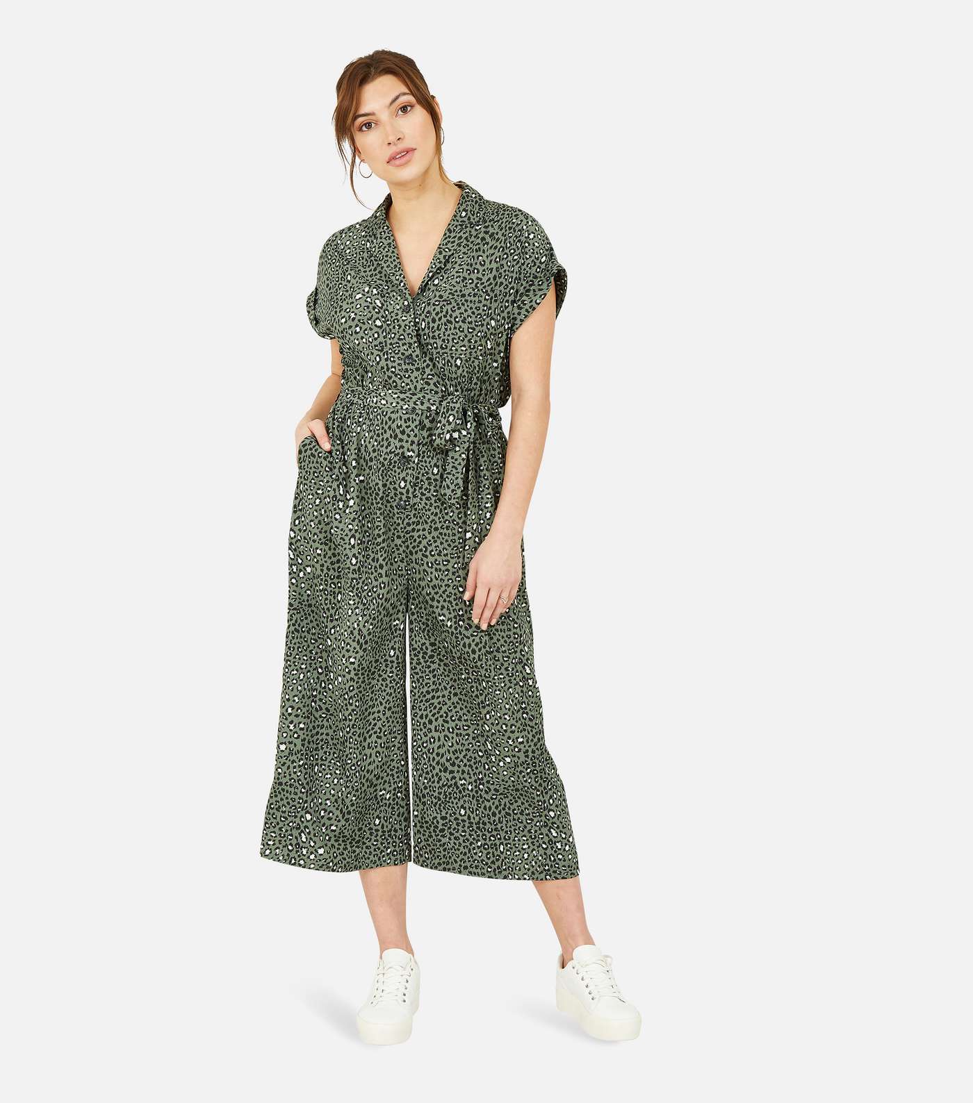 Yumi Green Leopard Print Crop Wide Leg Jumpsuit