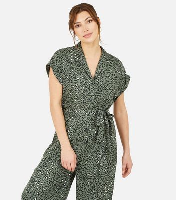 Yumi Green Leopard Print Crop Wide Leg Jumpsuit | New Look