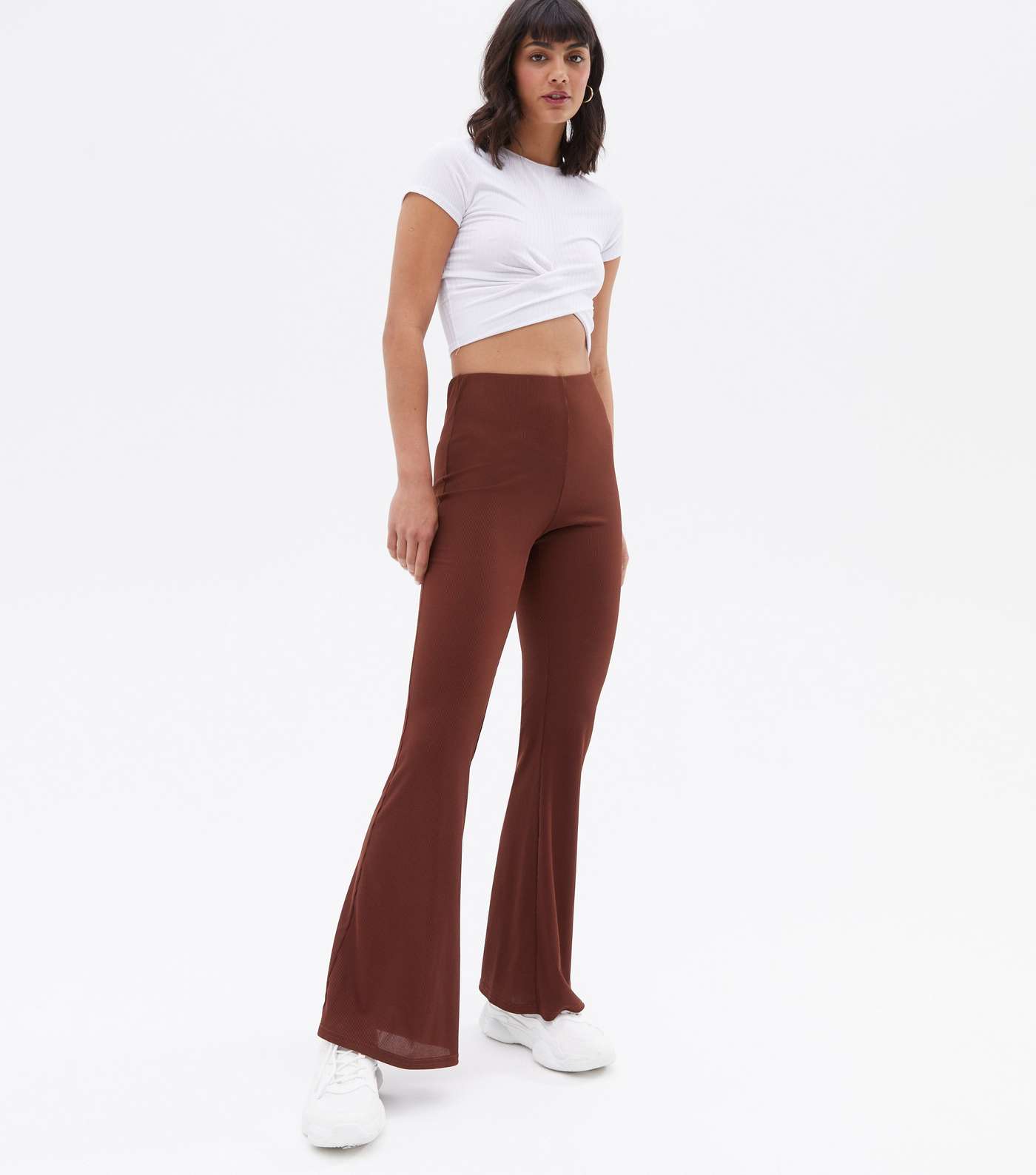 Dark Brown Ribbed Jersey High Waist Flared Trousers