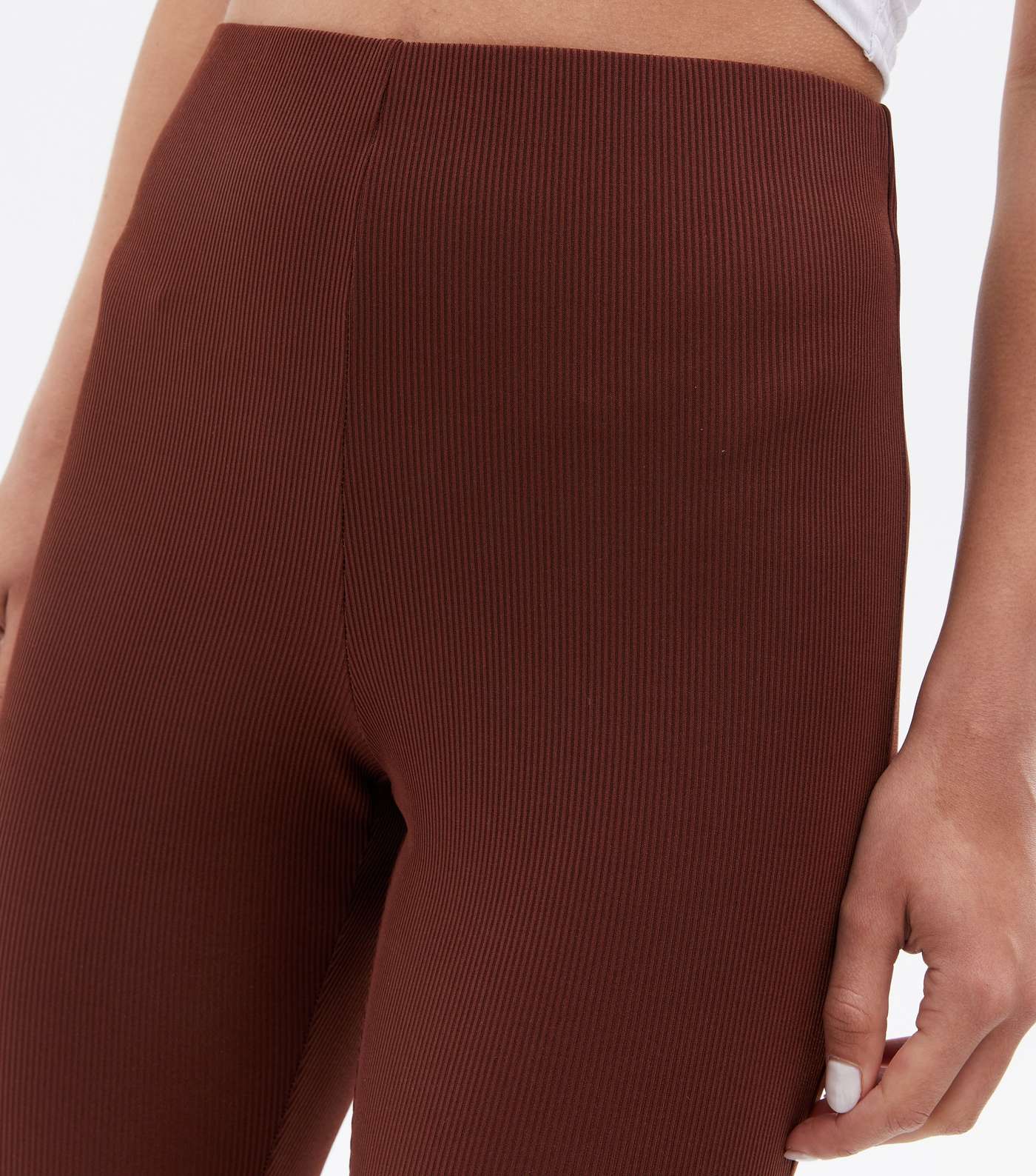 Dark Brown Ribbed Jersey High Waist Flared Trousers Image 3