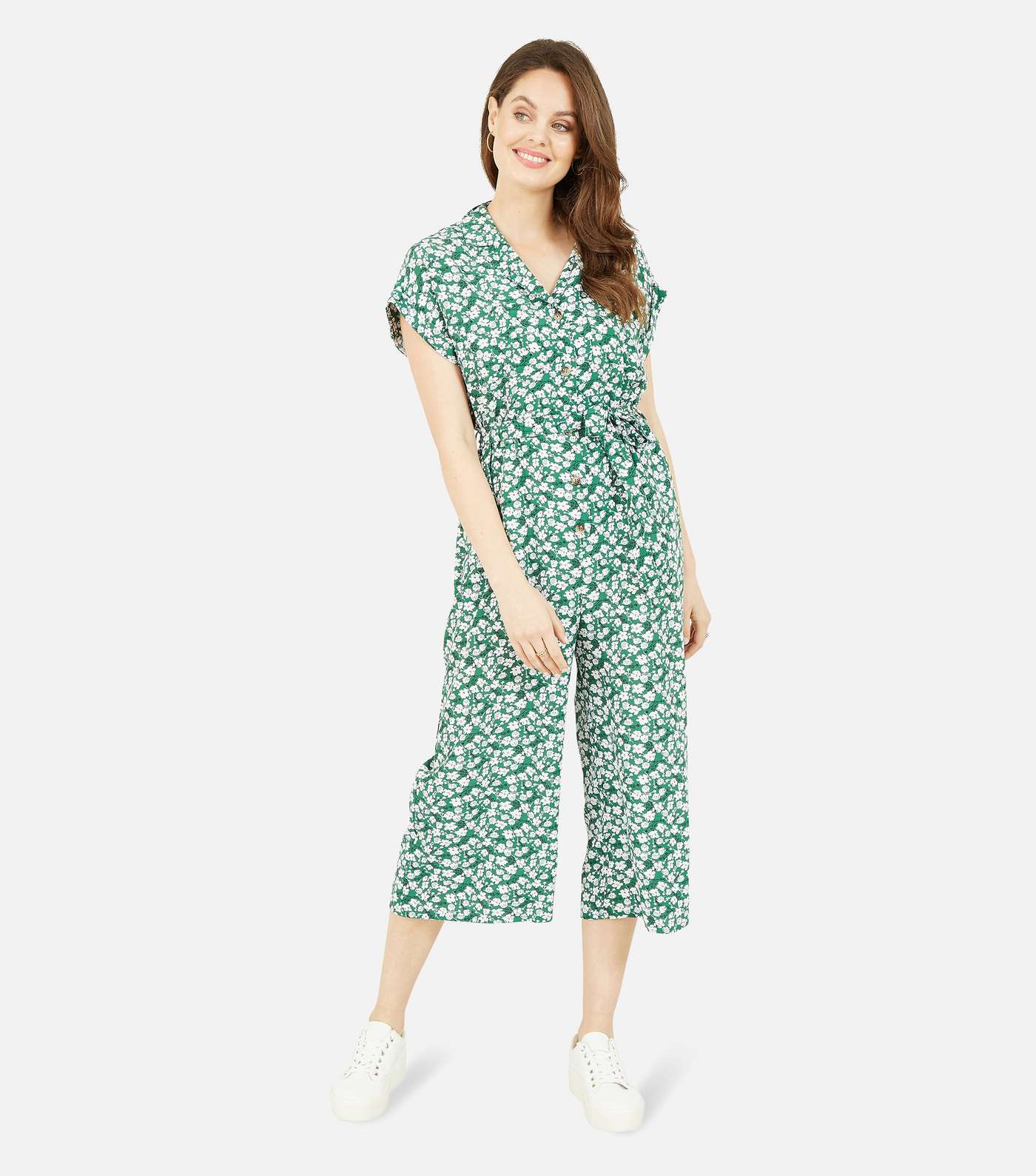 Yumi Green Ditsy Floral Belted Crop Jumpsuit