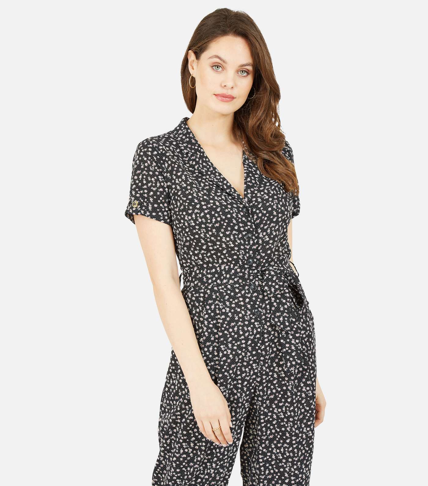 Yumi Black Ditsy Floral Belted Jumpsuit Image 2