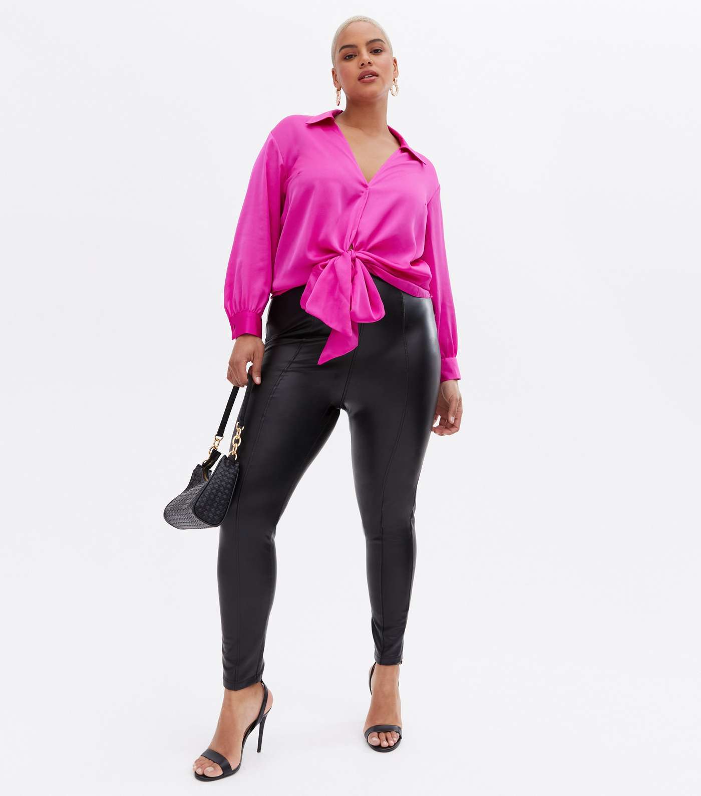 Curves Bright Pink Satin Tie Front Blouse Image 2