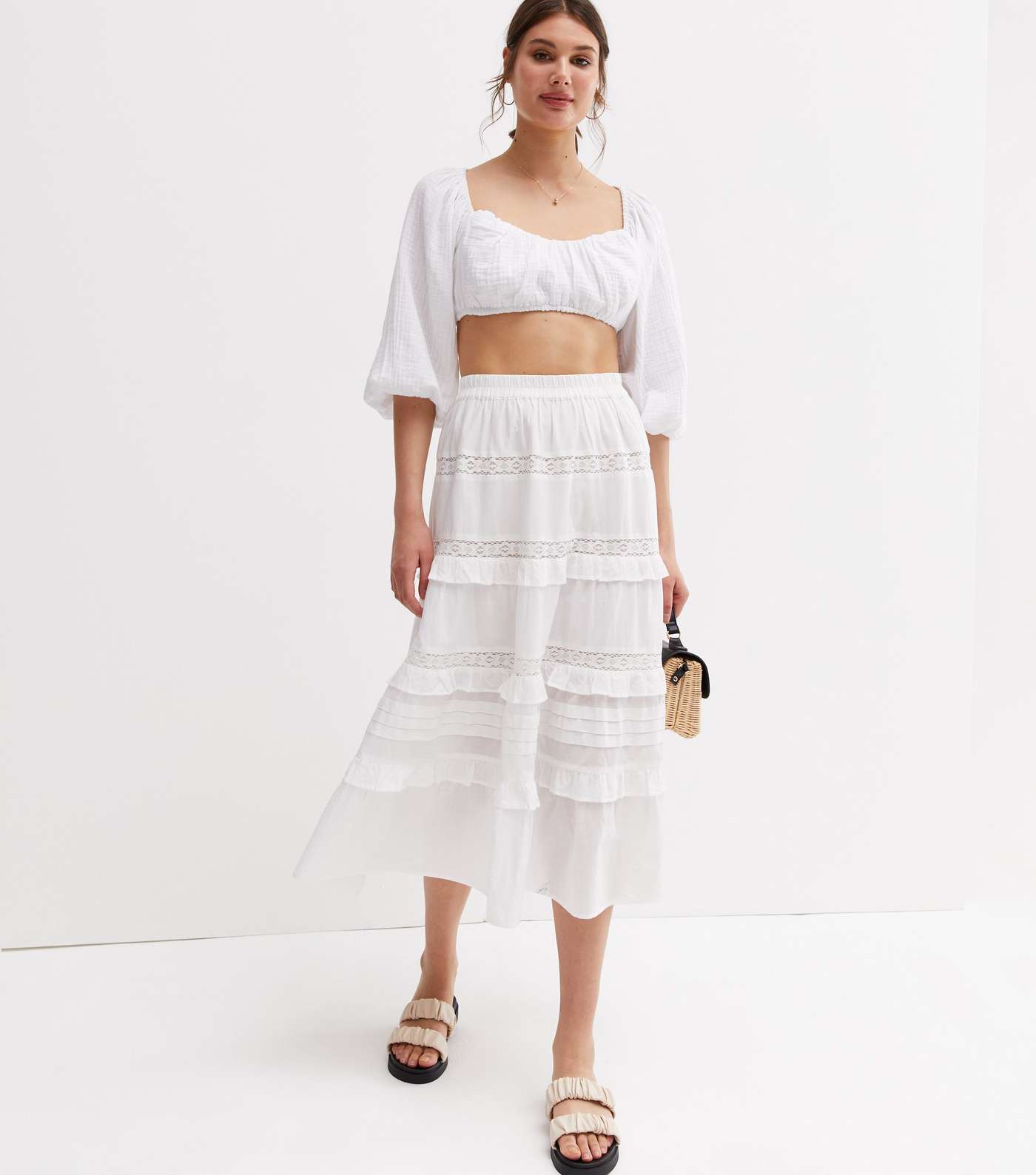 White Frill Tiered Midi Skirt