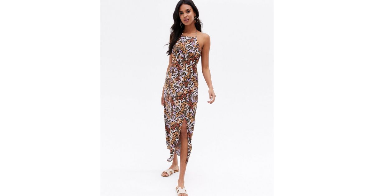 Beige and Brown Floral High Neck Dress with Belt