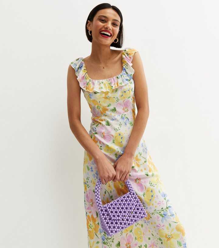 Yellow Floral Frill Tie Back Midi Dress