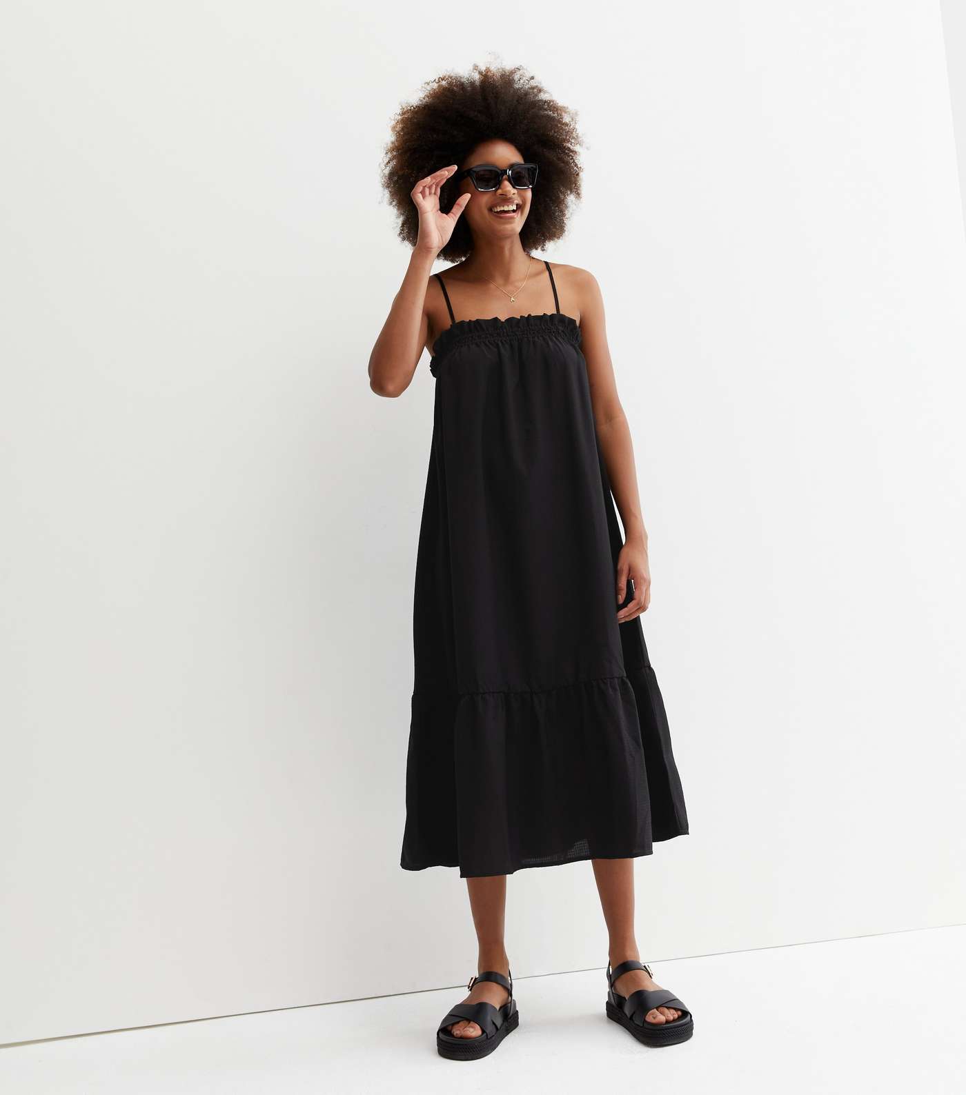 Black Tiered Strappy Midi Dress