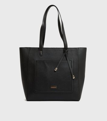 Black Leather-Look Tassel Pocket Front Tote Bag