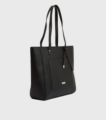 shop for Black Leather-Look Tassel Pocket Front Tote Bag New Look at Shopo