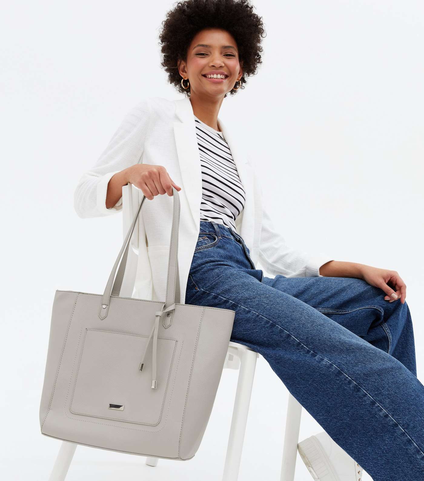 Grey Leather-Look Tassel Pocket Front Tote Bag Image 2
