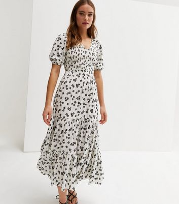 White Floral Shirred V Neck Midi Dress