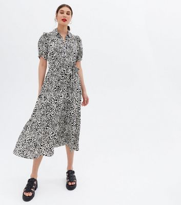 Off White Leopard Print Collared Midi Shirt Dress
