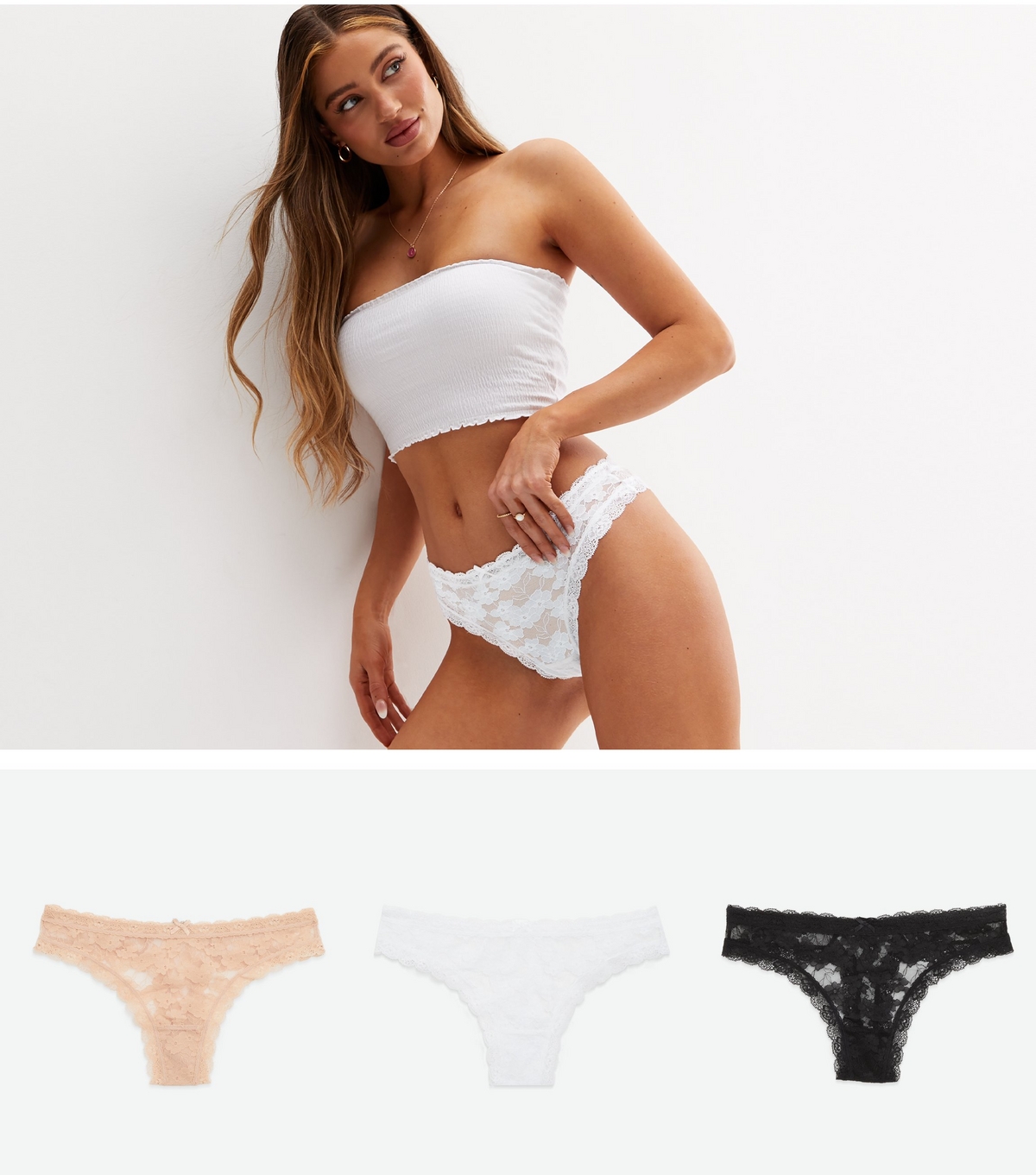 Women's 3 Pack Black Mink and White Floral Lace Thongs New Look