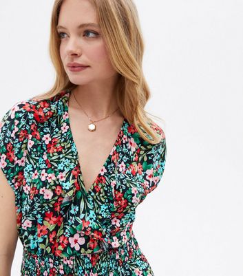 Black Floral Frill Shirred Tiered Midi 