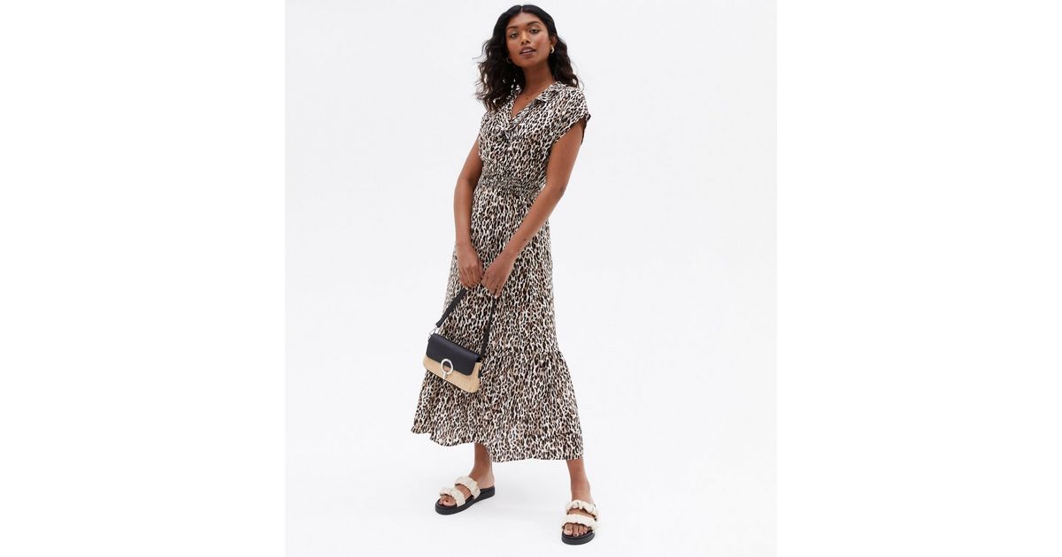 Brown Leopard Print Tiered Hem Midi Wrap Dress New Look