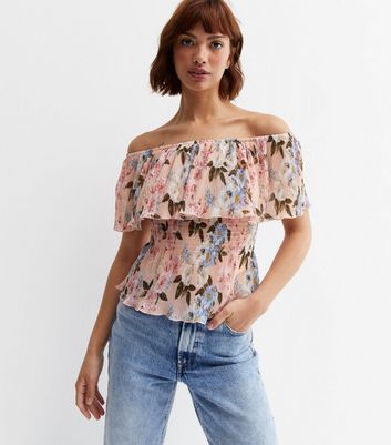 Pink Floral Plissé Shirred Bardot Top