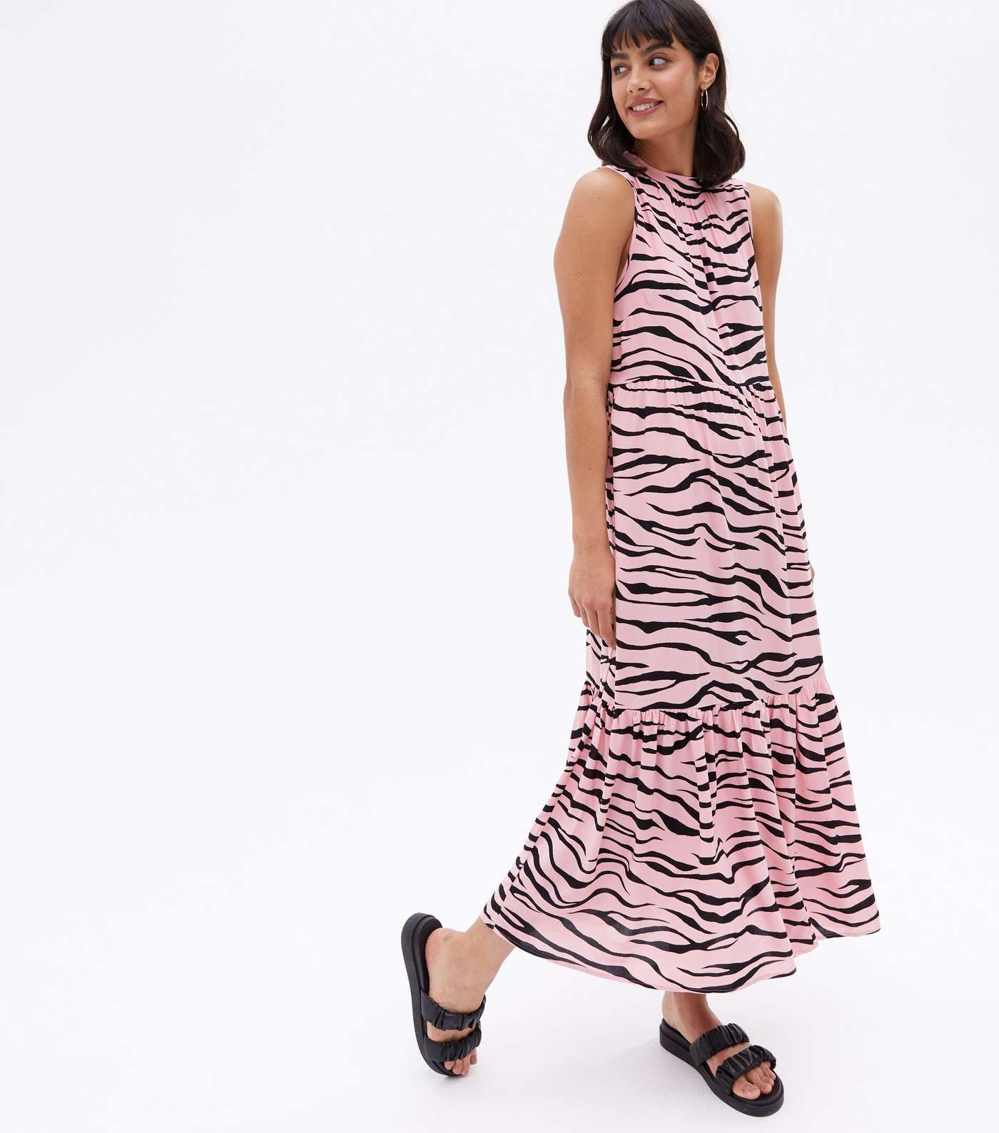 Pink Zebra Print Tie Back Tiered Midi Smock Dress Image 4