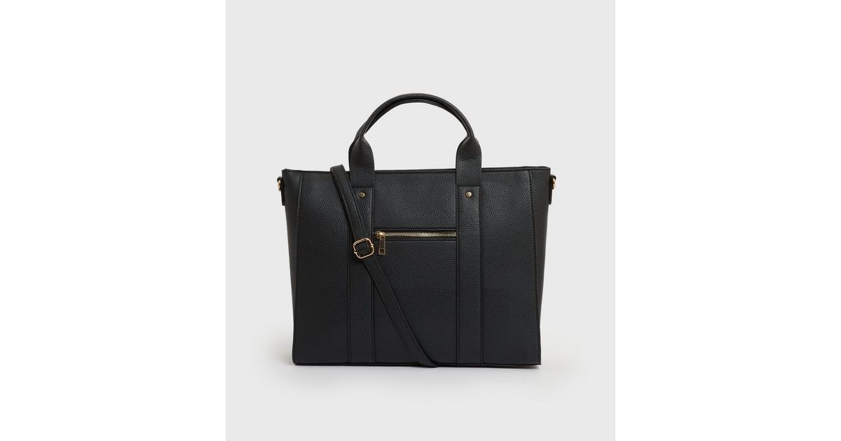 Black Zip Front Tote Laptop Bag New Look