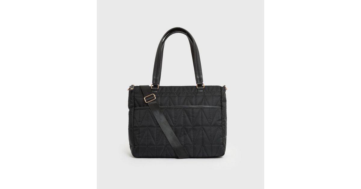 Black Quilted Tote Laptop Bag New Look