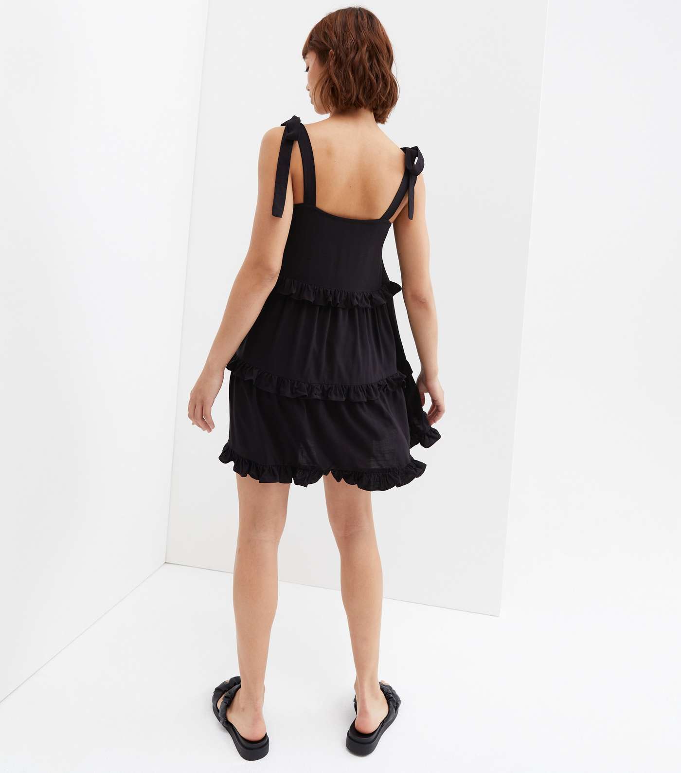 Black Frill Tiered Tie Strap Mini Dress Image 4