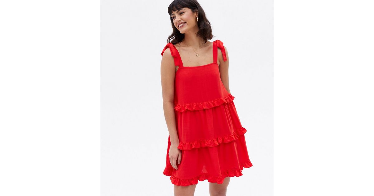 Red Frill Tiered Tie Strap Mini Dress | New Look