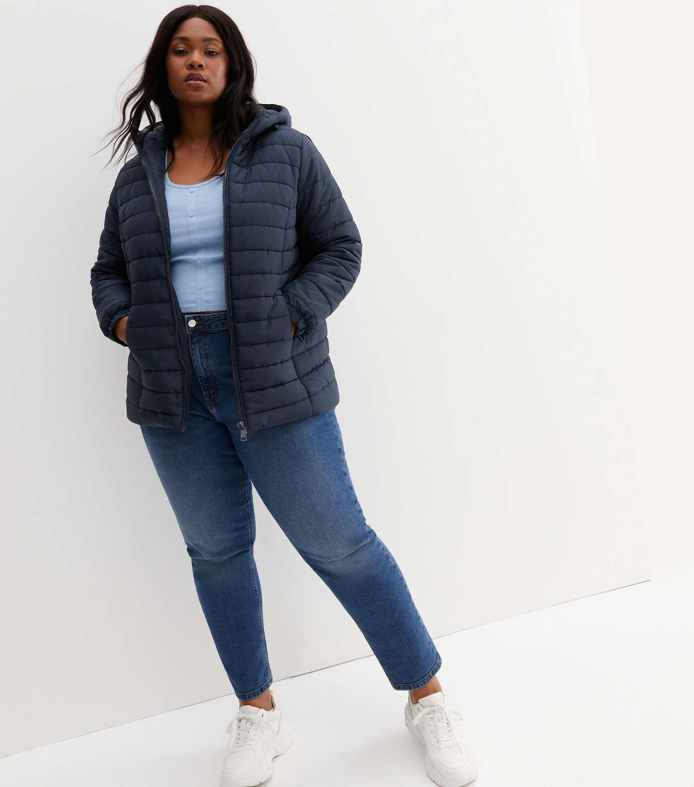 Curves Navy Lightweight Hooded Puffer Jacket Image 2