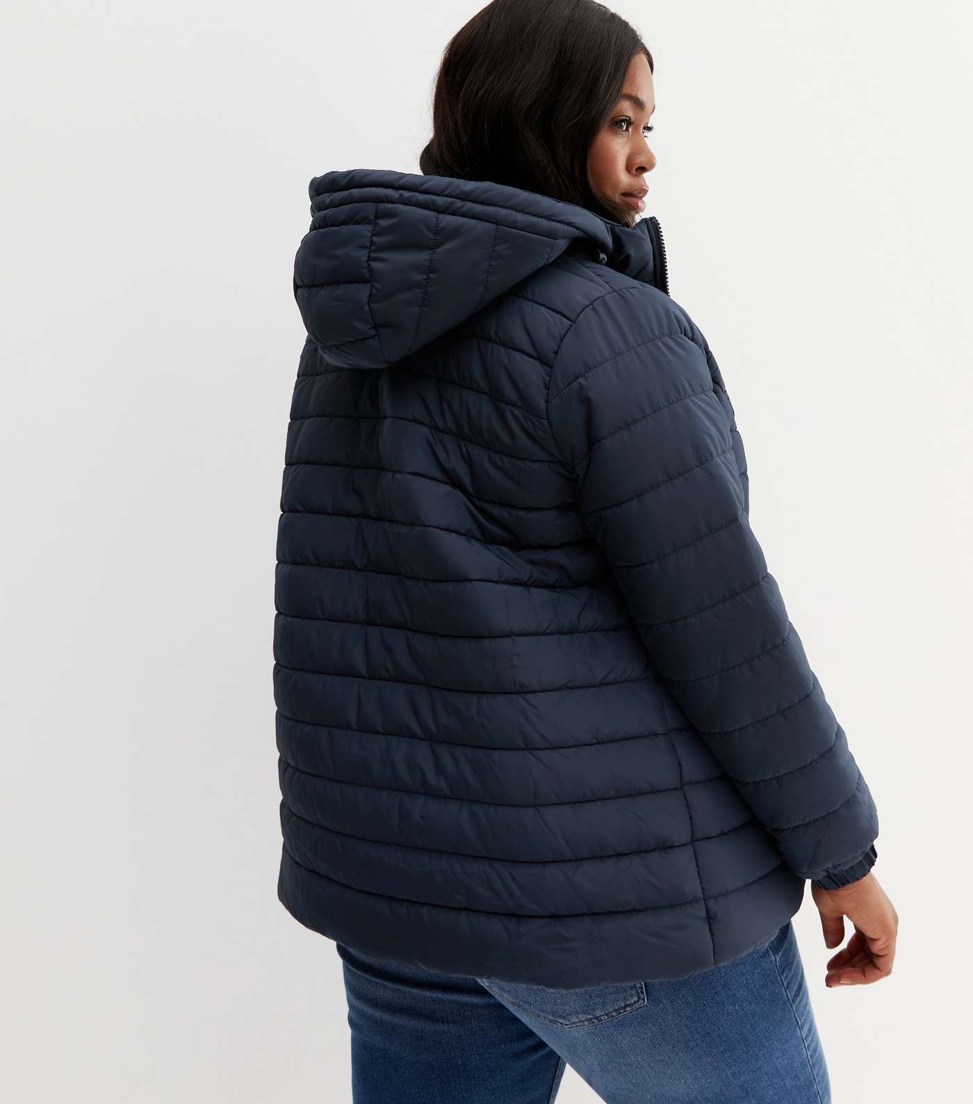 Curves Navy Lightweight Hooded Puffer Jacket Image 4