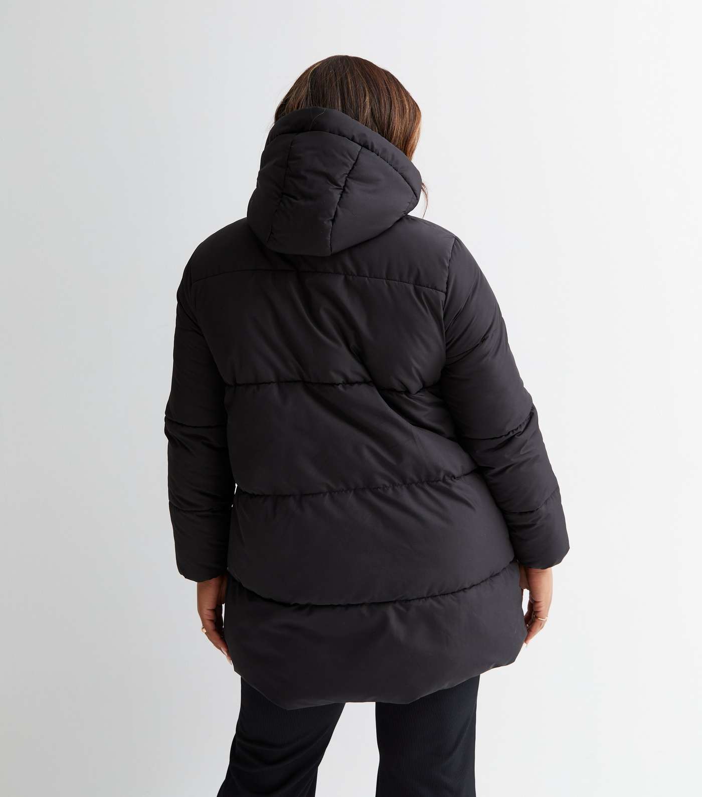 Curves Black Mid Length Hooded Puffer Jacket Image 4