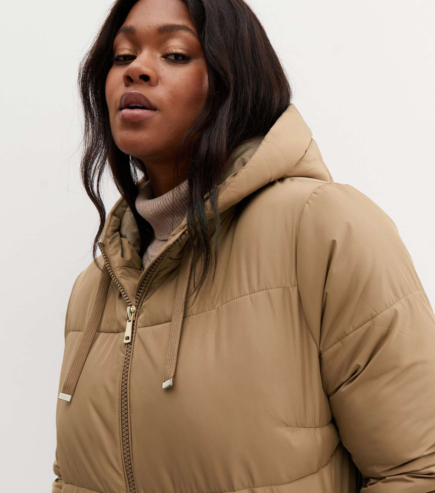 Curves Camel Mid Length Hooded Puffer Jacket Image 2