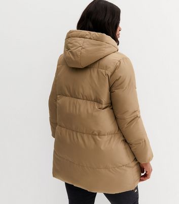 Curves Camel Mid Length Hooded Puffer Jacket