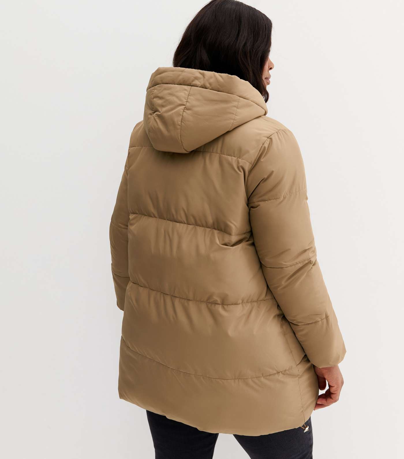 Curves Camel Mid Length Hooded Puffer Jacket Image 4