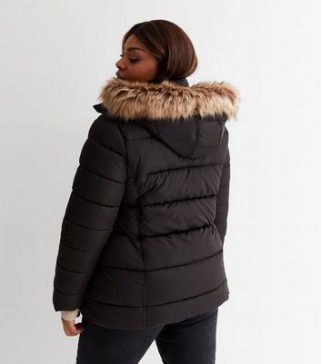 Black puffer jacket with grey fur hood hot sale