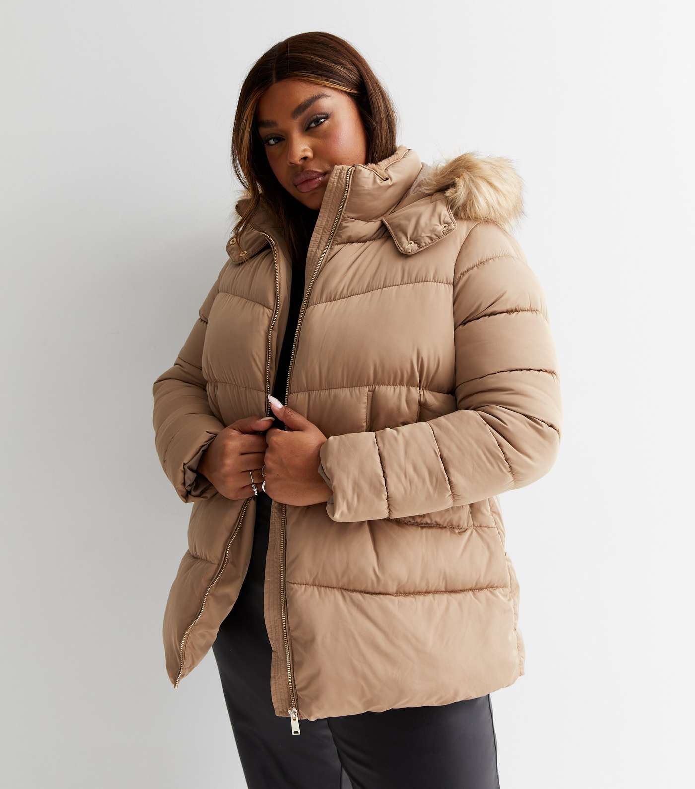 Curves Camel Faux Fur Hooded Puffer Jacket Image 3