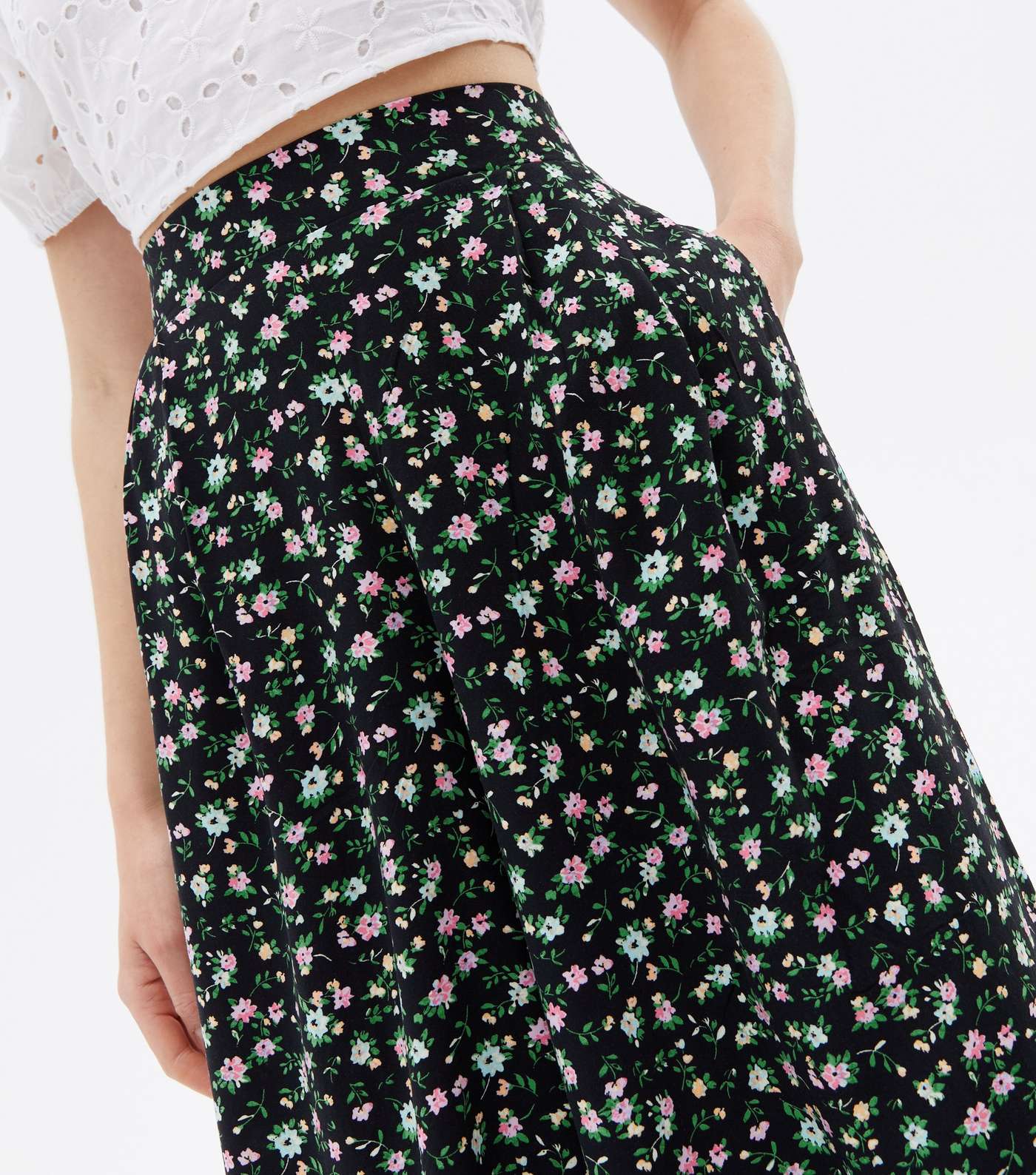Black Ditsy Floral High Waist Wide Leg Crop Trousers Image 3