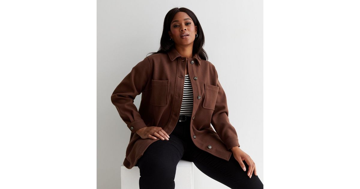 Curves Dark Brown Plain Double Pocket Shacket | New Look
