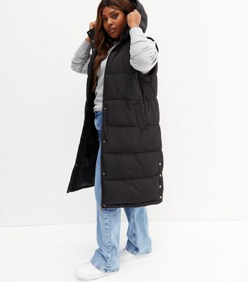 Curves Black Long Hooded Gilet | New Look