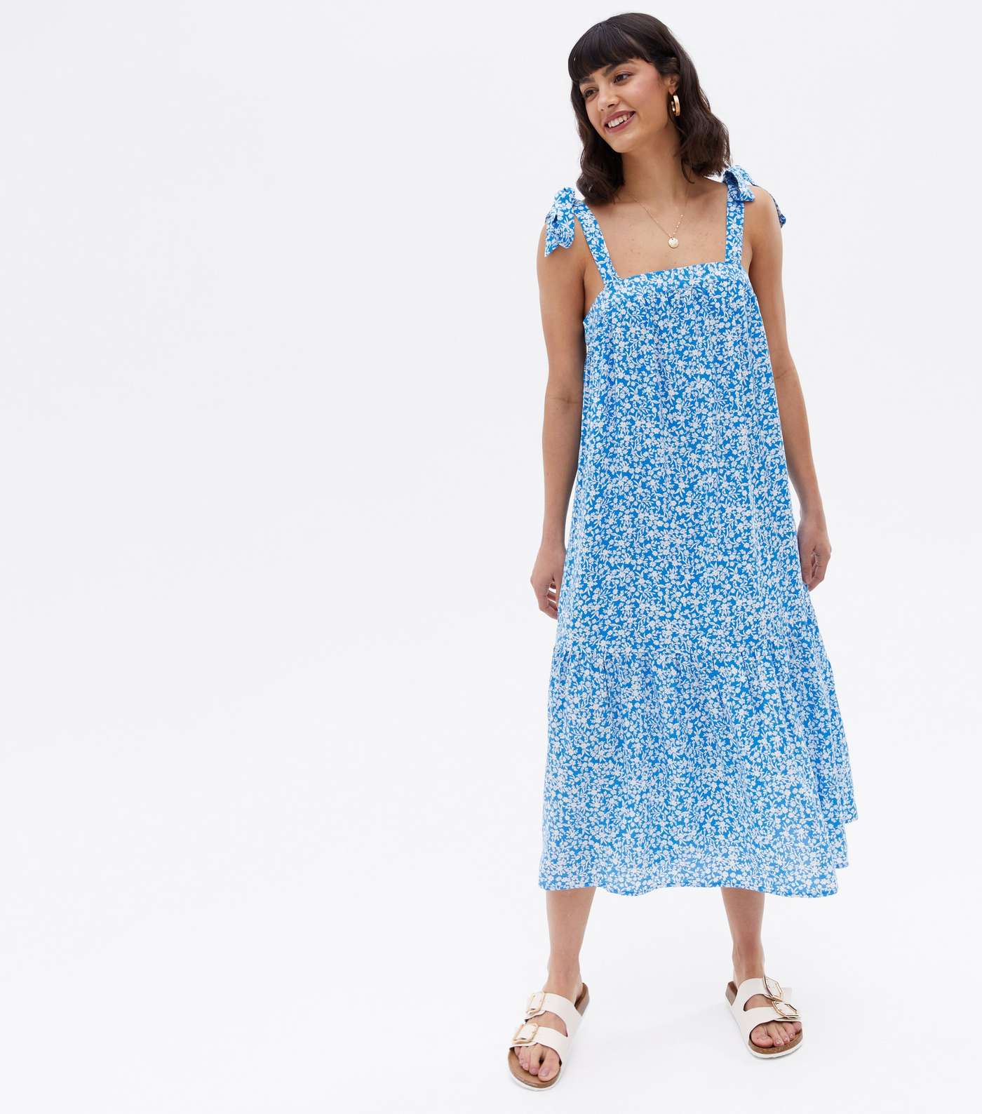 Blue Ditsy Floral Tiered Midi Smock Dress