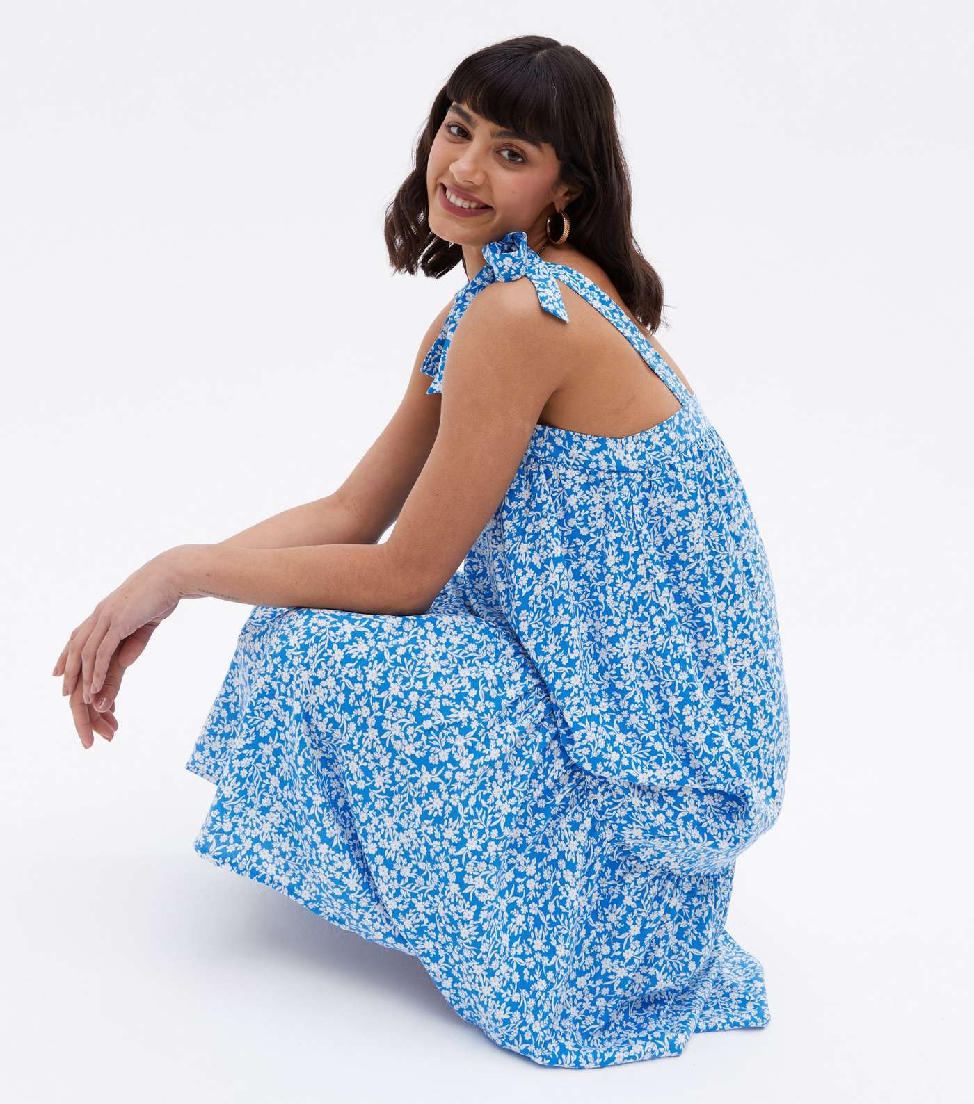 Blue Ditsy Floral Tiered Midi Smock Dress Image 3