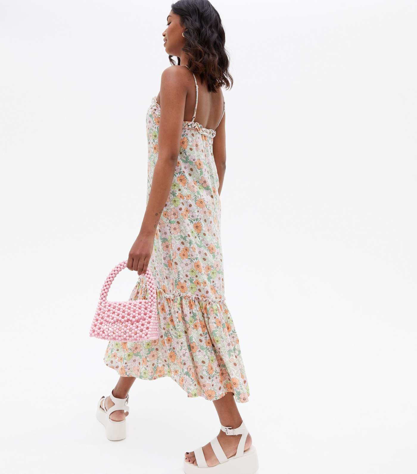 Pink Floral Frill Tiered Strappy Midi Dress Image 4