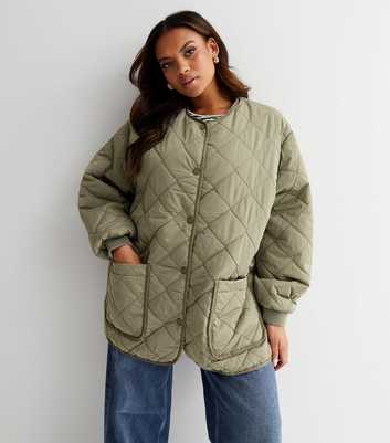 Curves Khaki Quilted Collarless Jacket