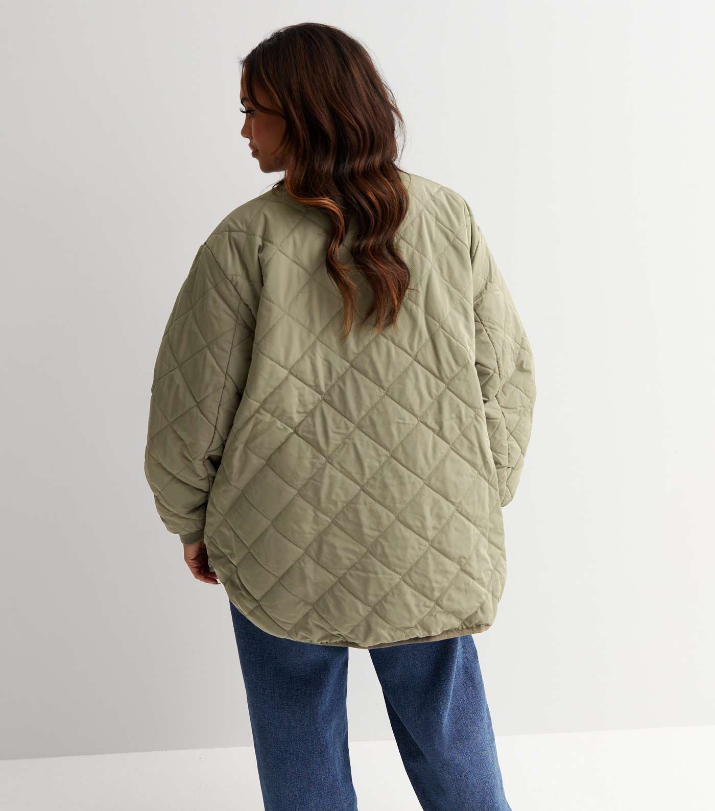 Curves Khaki Quilted Collarless Jacket Image 4