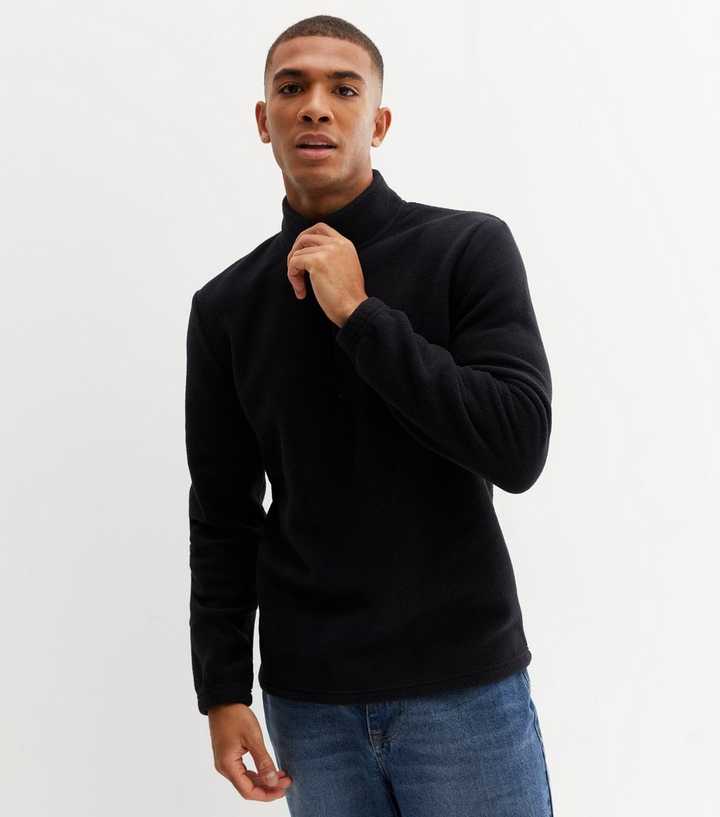 Black Fleece Zip Neck Sweatshirt | New Look