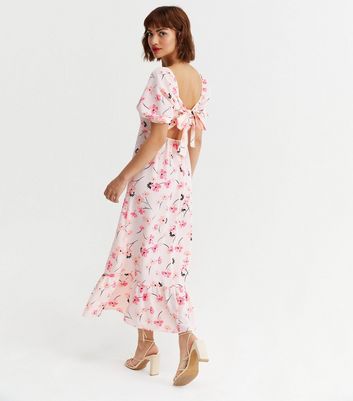 Pink Floral Tie Back Puff Sleeve Midi 