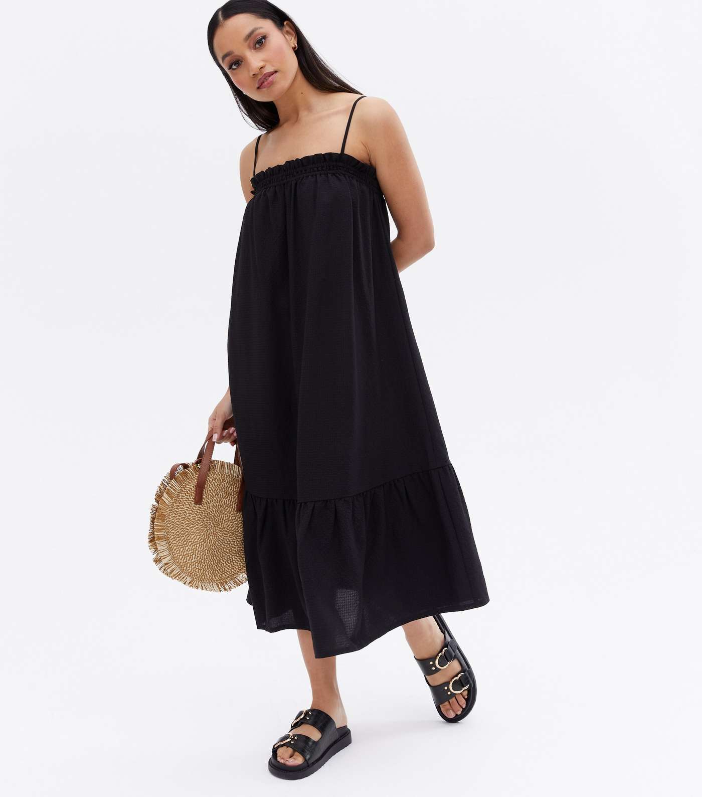Petite Black Tiered Strappy Midi Dress Image 2